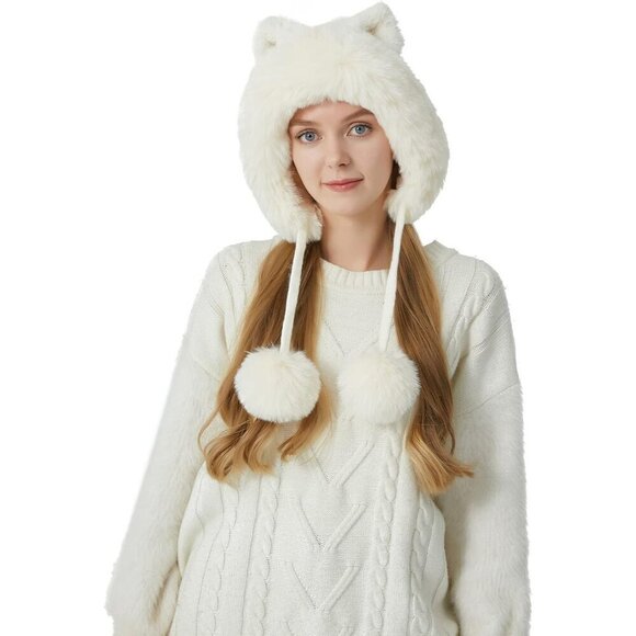 Women Cream White Winter Peruvian Cover Ears Beanie Hat Ear Flaps Sherpa Snow main image 5